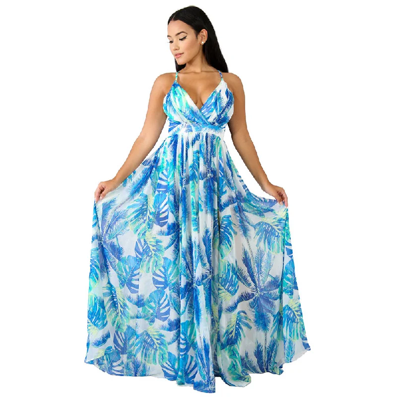 Summer Chiffon Deep V Neck Long Dresses Tunics Spring floral
