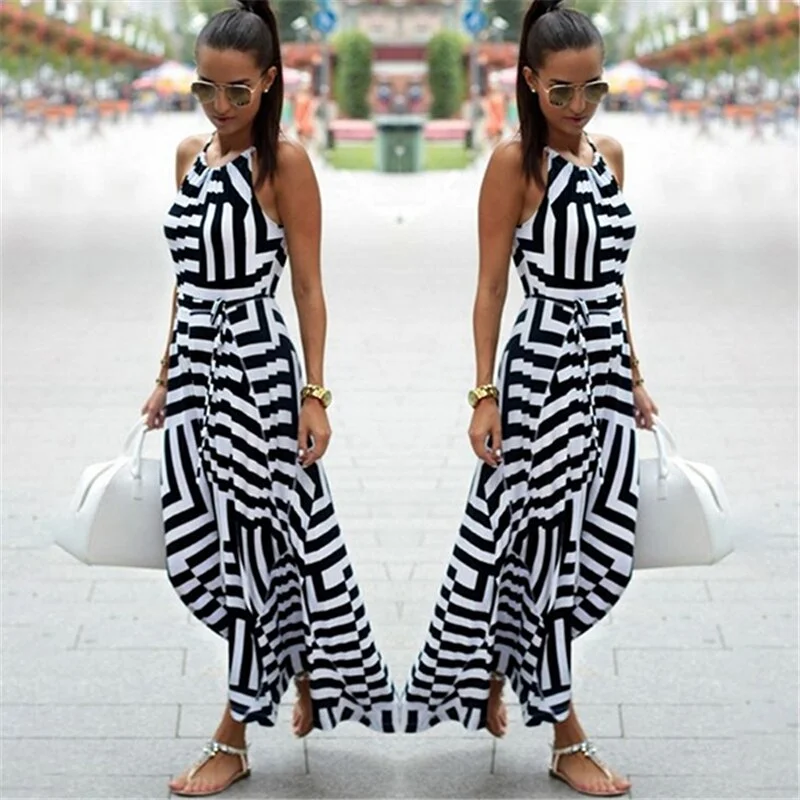 Summer Maxi Long Dress Women Sexy Boho Striped Sleeveless Beach Style Strap Sundress Vestidos For Female Black White Tunics Trousers formal Summer Maxi Long Dress Women Sexy Boho Striped Sleeveless Beach Style Strap Sundress Vestidos For Female Black White Tunics Trousers formal