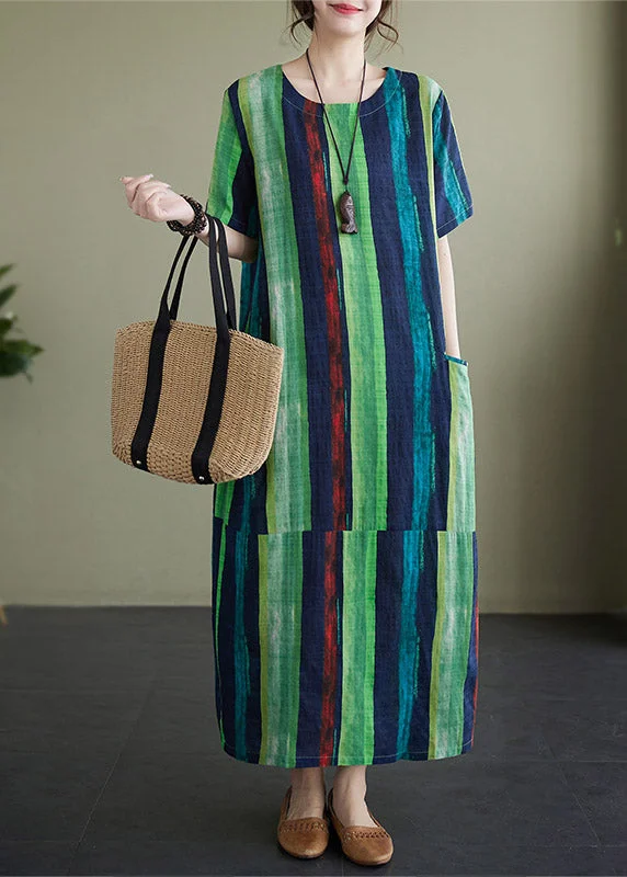 Vintage Green Striped O-Neck Holiday Long Dress Short Sleeve Off-the-shoulder Chic Trendy Vintage Green Striped O-Neck Holiday Long Dress Short Sleeve Off-the-shoulder Chic Trendy