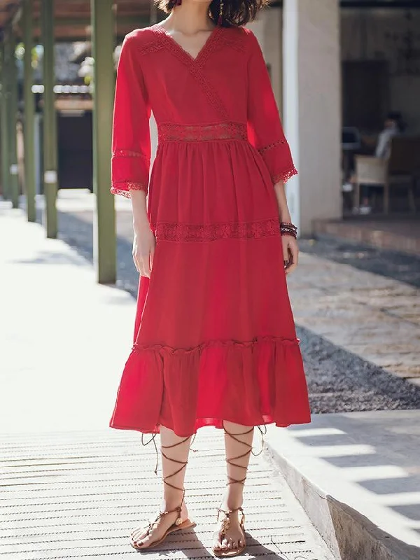 VINTAGE LACE BOHO HALF-SLEEVE LONG DRESS Tunics Chic elegant