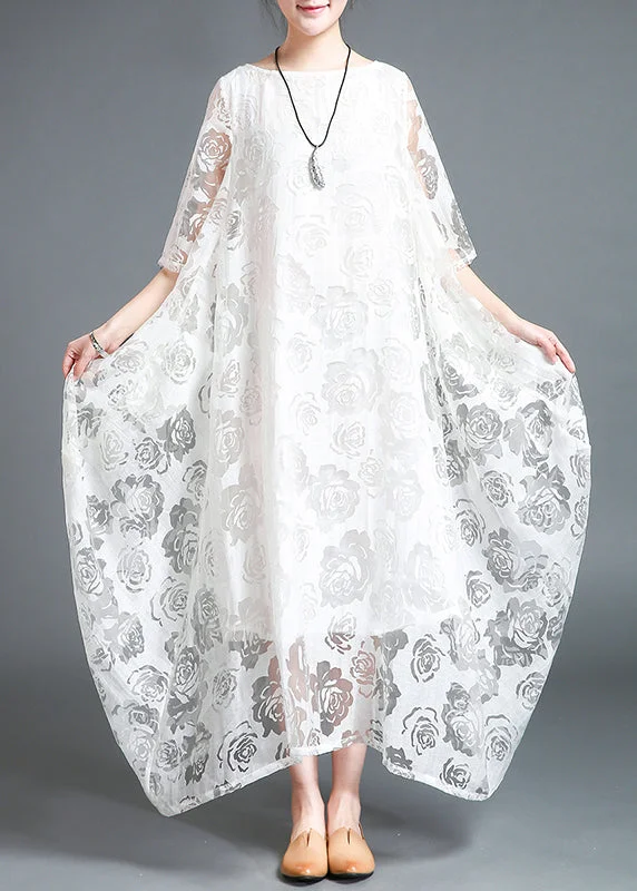 White Hollow Out Lace Vacation Long Dresses Half Sleeve Tunics Lace romantic