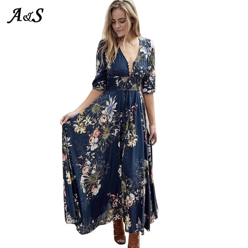 Women Floral Dress Summer High Split Dress Sexy V-neck Beach Boho Dress Three Quarter Sleeves Maxi Long Dresses Plus Size S-XXL Tunics Chinos classic Women Floral Dress Summer High Split Dress Sexy V-neck Beach Boho Dress Three Quarter Sleeves Maxi Long Dresses Plus Size S-XXL Tunics Chinos classic