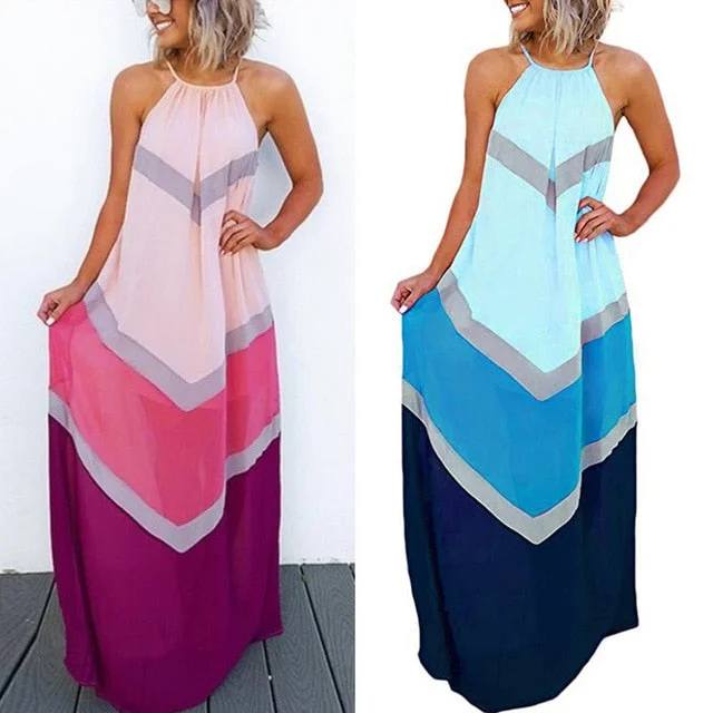 Women's Halter Striped Color Patchwork Pleated Back Hollow Out Maxi Long Dresses Robe Femme Vestidos Elbise stockout Tunics Prom sequined Women's Halter Striped Color Patchwork Pleated Back Hollow Out Maxi Long Dresses Robe Femme Vestidos Elbise stockout Tunics Prom sequined