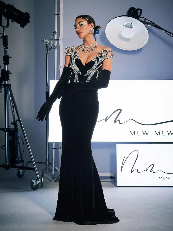 Zamir Strapless Crystal Velvet Mermaid Dress With Gloves Tunics Long Elegant