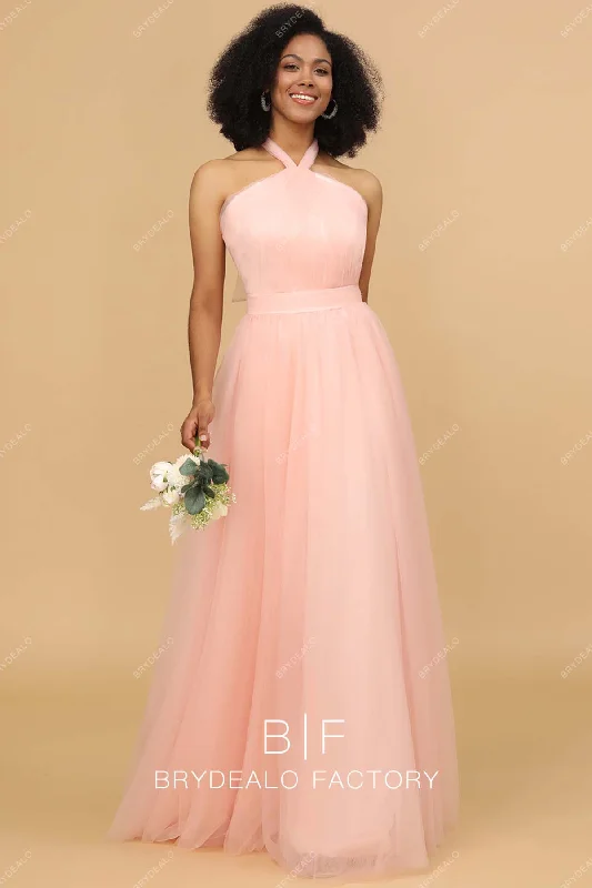 Blush Pink Tulle Halter Neck Pretty Long Dress