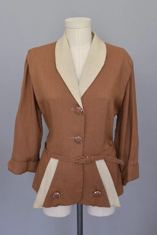 1940s Nutmeg Brown and Taupe Two-Tone Blazer, Large Women's Brand Blazer