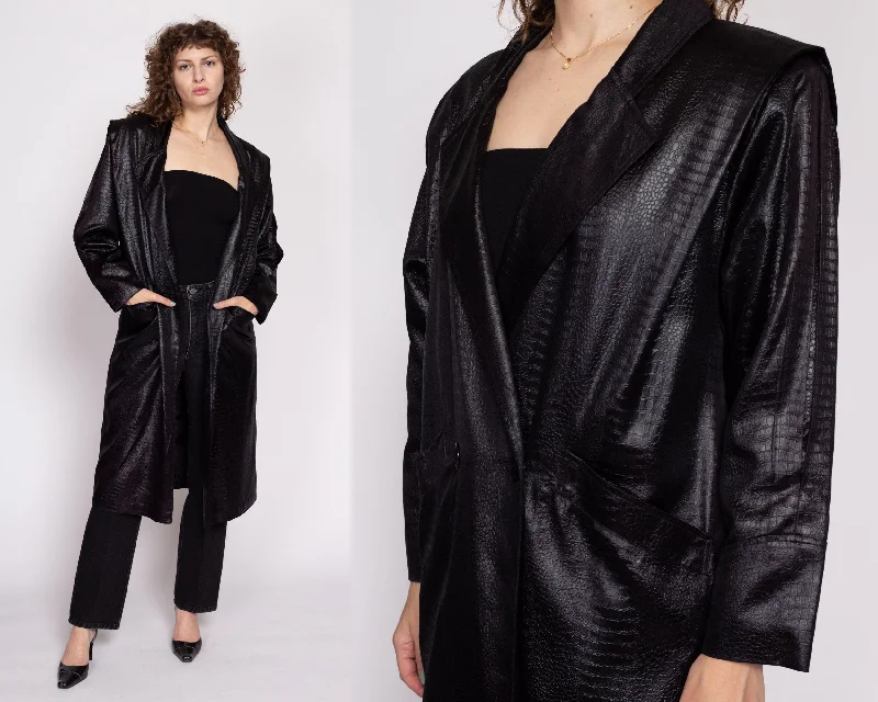 80s Black Faux Crocodile Trench Coat - Medium Warm Plaid Wool Trench