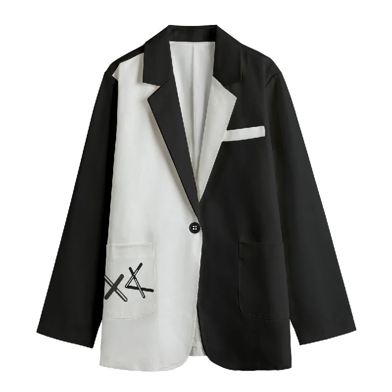 ALEPH / TAV Black and White Cotton Leisure Blazer Women's Business Blazer