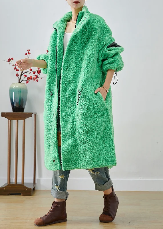 Art Fluorescent Green Oversized Drawstring Fleece Trench Winter Comfortable Long Wool Trench Art Fluorescent Green Oversized Drawstring Fleece Trench Winter Comfortable Long Wool Trench