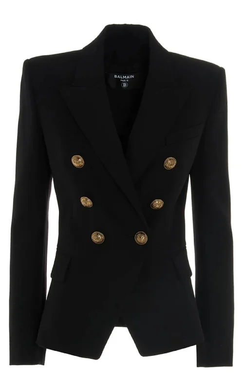 Black Classic Double-Breasted Wool Blazer Women's Elegant Jacket