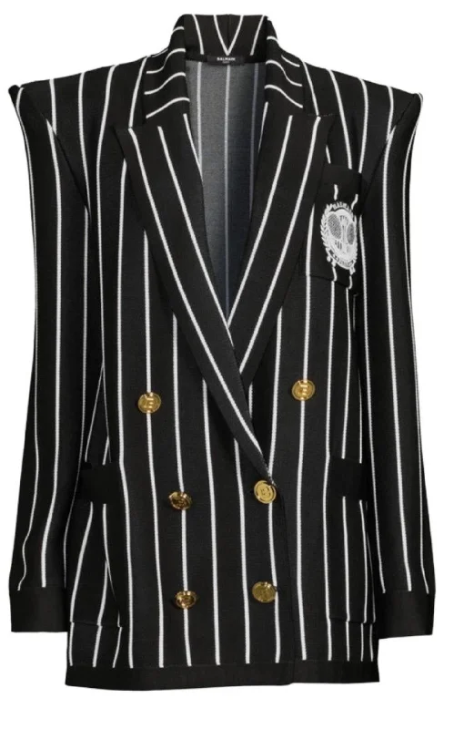 Double-Breasted Black White Striped Wool Blazer Women's Classic Blazer