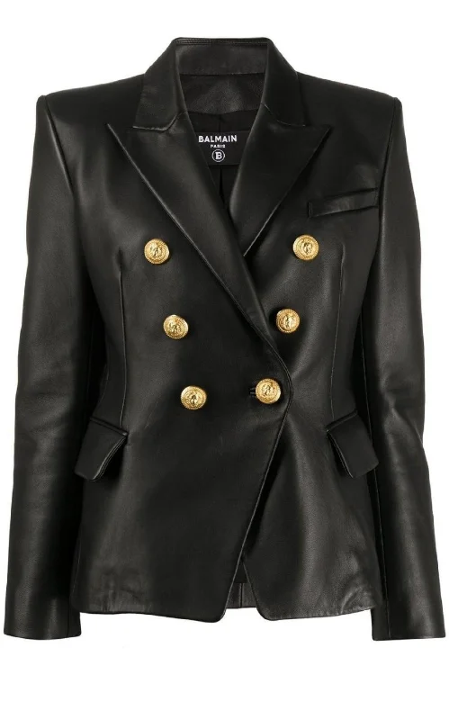 Black Leather Double-Breasted Blazer Women's Brand Blazer