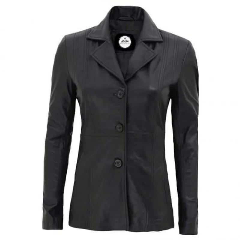 Women Black Three Button Closure Leather Blazer Women's Boutique Suit