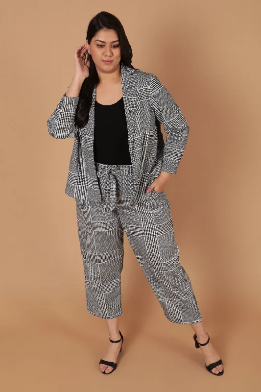 Black White Houndstooth Checkered Blazer Spring Women's Coat