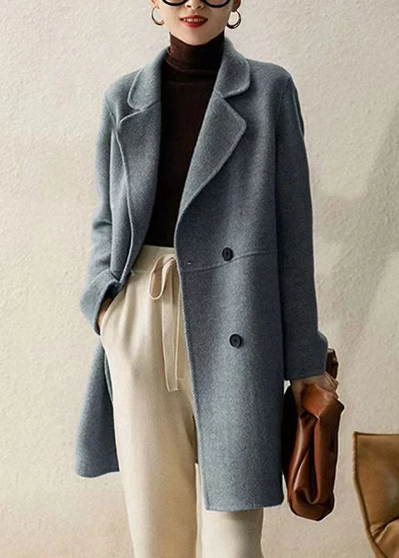 Blue Pockets Patchwork Woolen Trench Peter Pan Collar Button Winter Trendy Oversized Trench Coat Blue Pockets Patchwork Woolen Trench Peter Pan Collar Button Winter Trendy Oversized Trench Coat