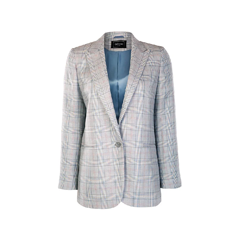 Blue Prince of Wales Wool & Linen Blazer Women's Luxury Jacket