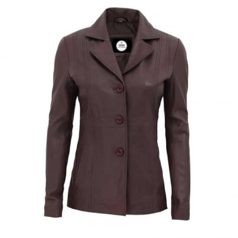 Brown Three Button Closure Leather Blazer for Women Women's Unique Blazer