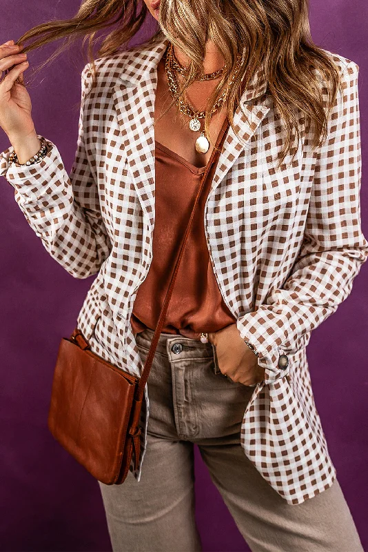 Chestnut Check Print Single Button Lapel Collar Blazer Women's Long Blazer