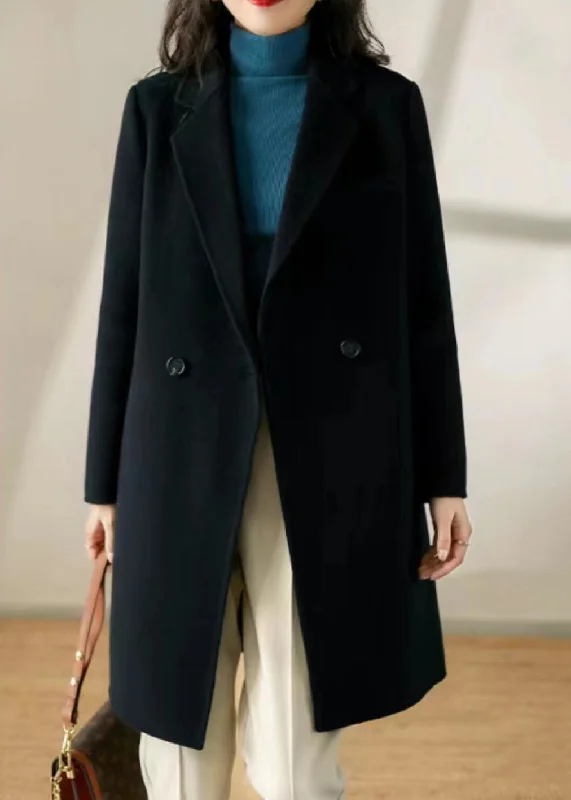 Chic Black Peter Pan Collar Pockets Patchwork Woolen Trench Winter Fashionable Wide-Leg Trench