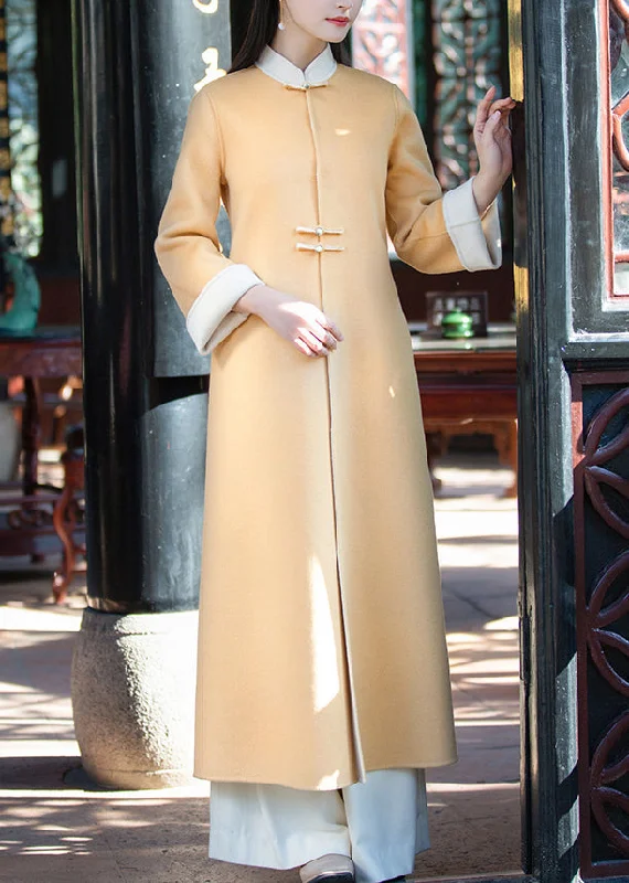 Chinese Style Yellow Stand Collar Pockets Woolen Trench Winter Trendy Wide-Cuff Trench Coat Chinese Style Yellow Stand Collar Pockets Woolen Trench Winter Trendy Wide-Cuff Trench Coat