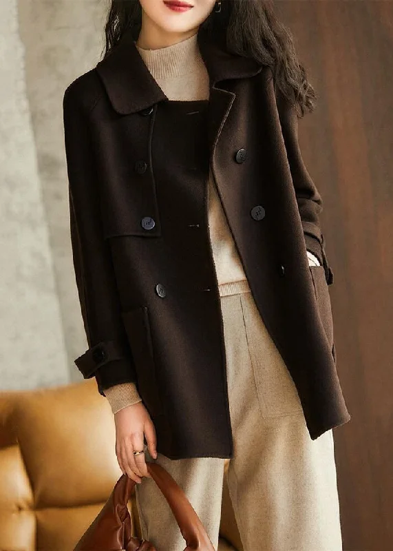Chocolate Loose Woolen Trench Peter Pan Collar Double Breast Fall Casual Belted Wool Trench Chocolate Loose Woolen Trench Peter Pan Collar Double Breast Fall Casual Belted Wool Trench