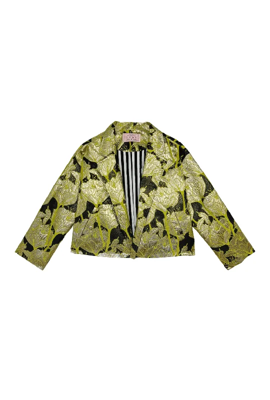 Cropped Boyfriend Blazer - Chartreuse and Black Brocade Women's Vintage Jacket
