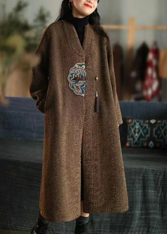 DIY Chocolate Embroideried Tasseled Faux Fur Trench Winter Elegant Trench Coat for Fall