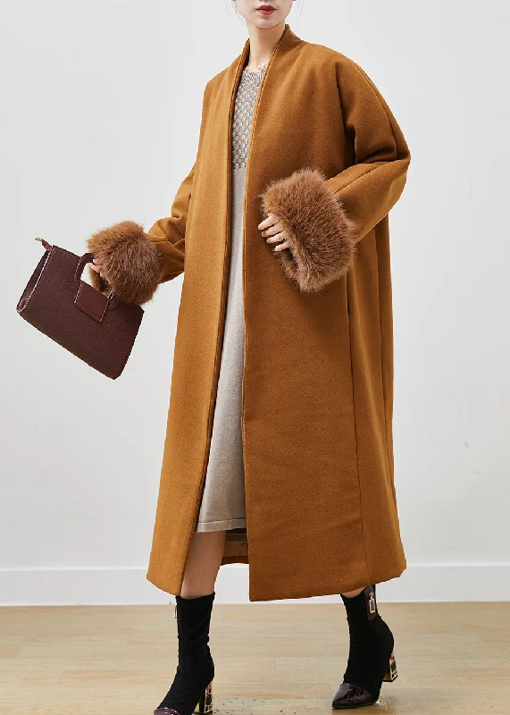 Elegant Khaki V Neck Oversized Woolen Trench Spring Casual Hooded Trench Jacket