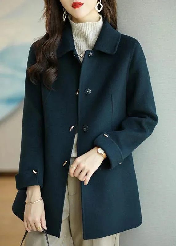 Fashion Navy Peter Pan Collar Slim Fit Woolen Trench Fall Elegant Trench Coat with Pockets