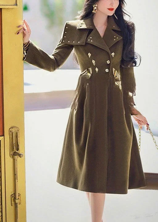 French Army Green Rivet Patchwork Slim Fit Woolen Trench Winter Fashionable Cropped Trench Coat French Army Green Rivet Patchwork Slim Fit Woolen Trench Winter Fashionable Cropped Trench Coat