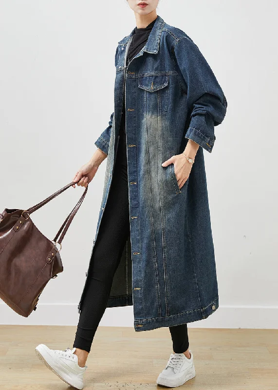 French Navy Oversized Button Down Denim Trench Spring Comfortable Casual Wool Trench French Navy Oversized Button Down Denim Trench Spring Comfortable Casual Wool Trench