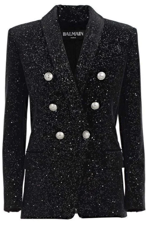 Glittered Velvet Double Breasted Blazer Women's Trendy Jacket