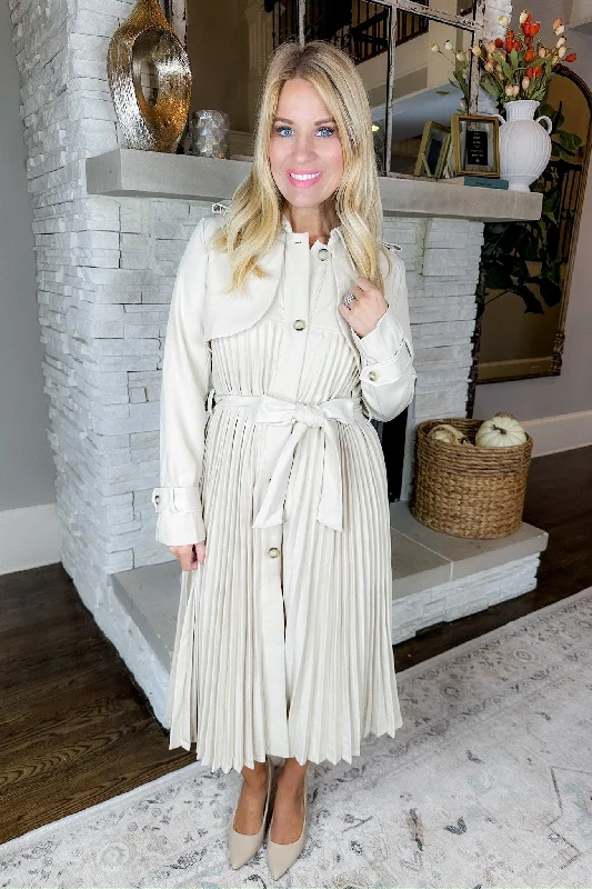 High Quality Pleated Button Down Tie Waist Trench Coat Warm Double-Breasted Trench