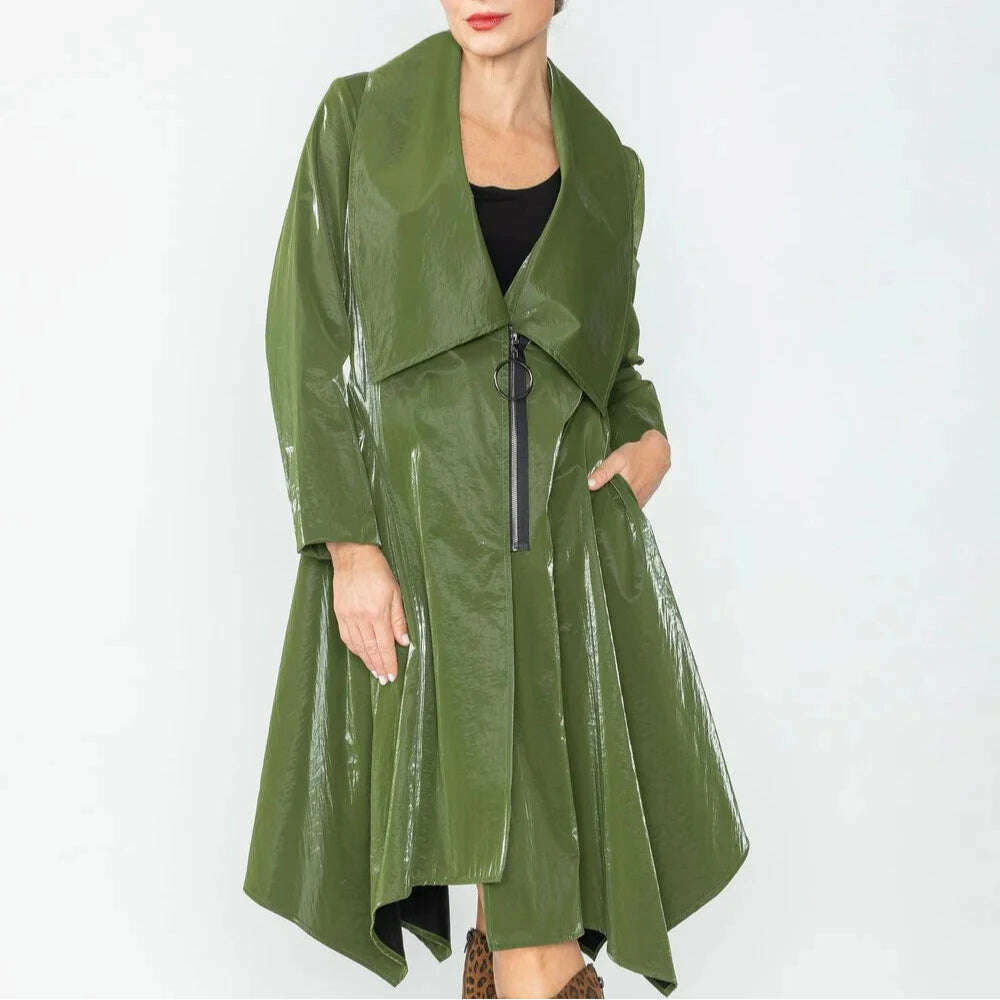 IC COLLECTION - Liquid Shiny Trench - Olive Cozy Winter Wool Trench
