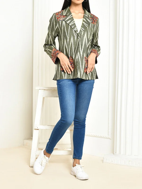 Ira Ikkat Cotton Blazer Green Women's Trench Blazer