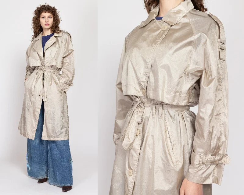 Large 80s Shiny Taupe Belted Trench Coat Double-Breasted Belted Trench