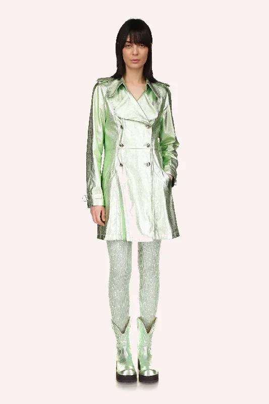 Metallic Leather Trench Coat Warm Wool Blend Trench