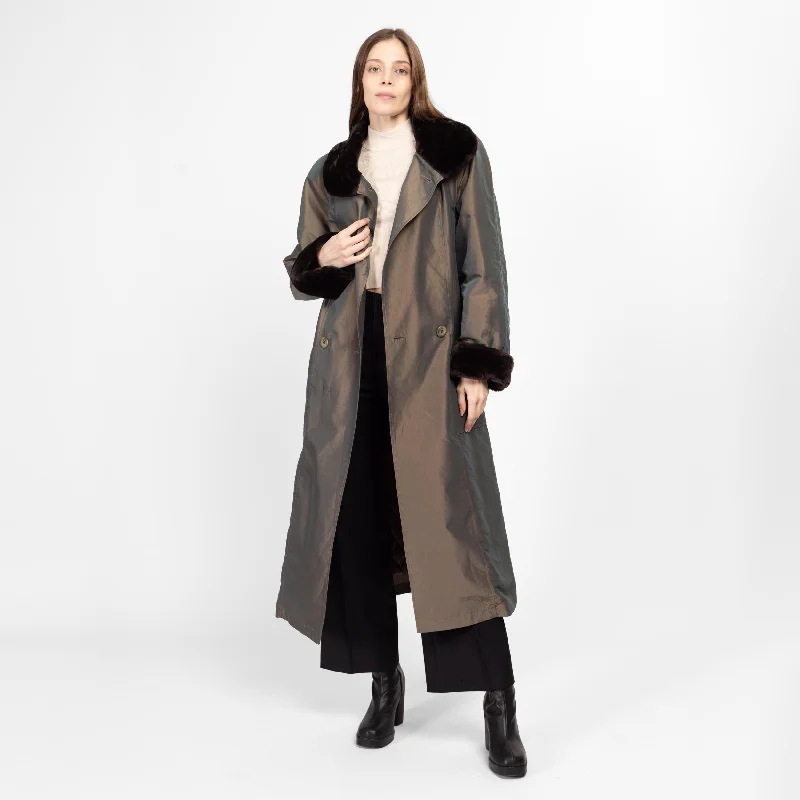 Medium 80s Shiny Olive Faux Fur Trim Trench Coat NWT Trendy Soft Trench Coat