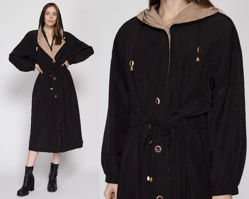 Medium 90s Black Hooded Cinched Waist Trench Coat Stylish Single-Breasted Trench Coat Medium 90s Black Hooded Cinched Waist Trench Coat Stylish Single-Breasted Trench Coat