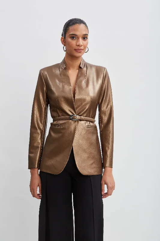 Metallic Vegan Leather Belted Blazer Women's Unique Blazer