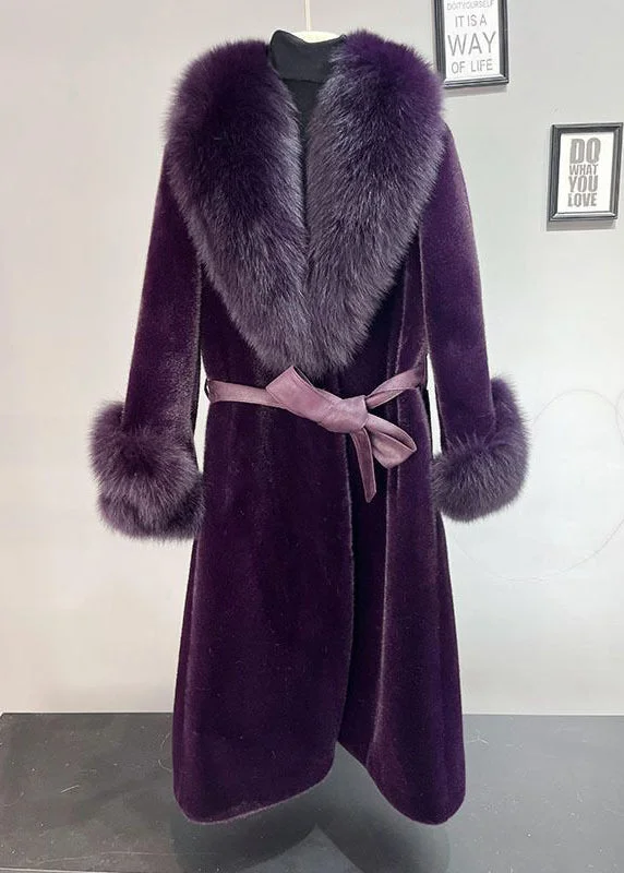 Plus Size Dull Purple Fox Collar Tie Waist Mink Velvet Trench Winter Chic Sleeveless Wool Trench Plus Size Dull Purple Fox Collar Tie Waist Mink Velvet Trench Winter Chic Sleeveless Wool Trench
