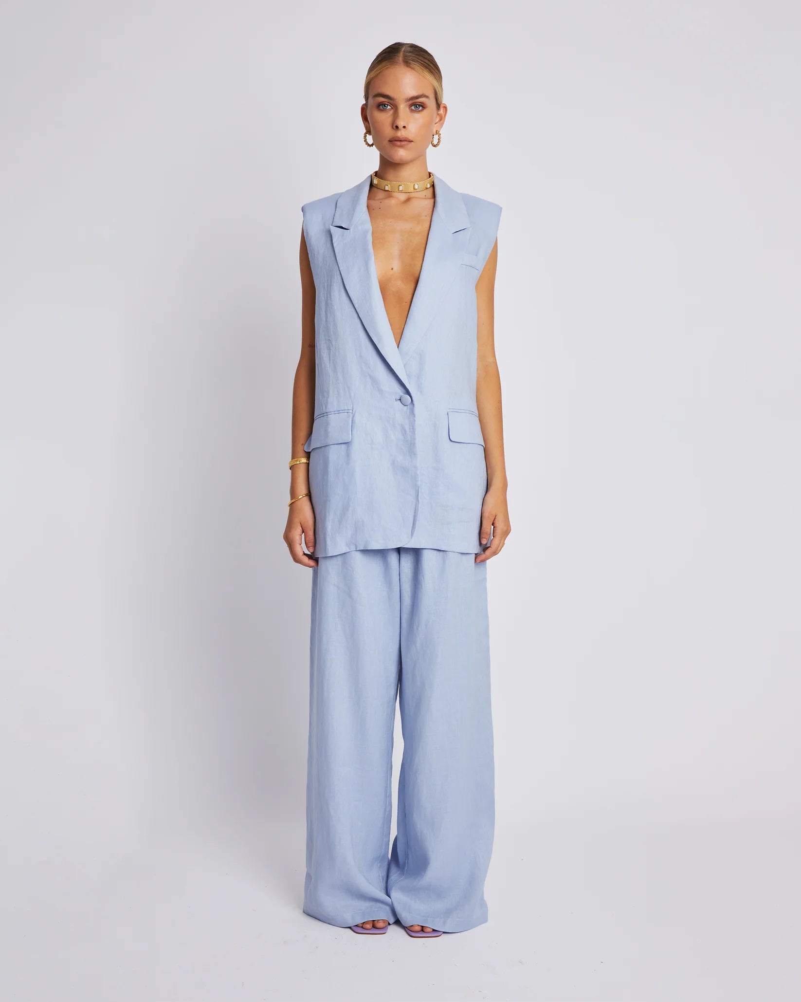 SLEEVELESS BLAZER - ALICE BLUE Cotton Blend Blazer
