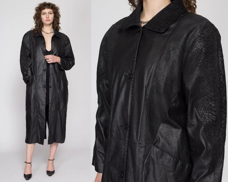 Small 80s Oversize Black Embossed Leather Trench Coat Elegant Black Wool Trench