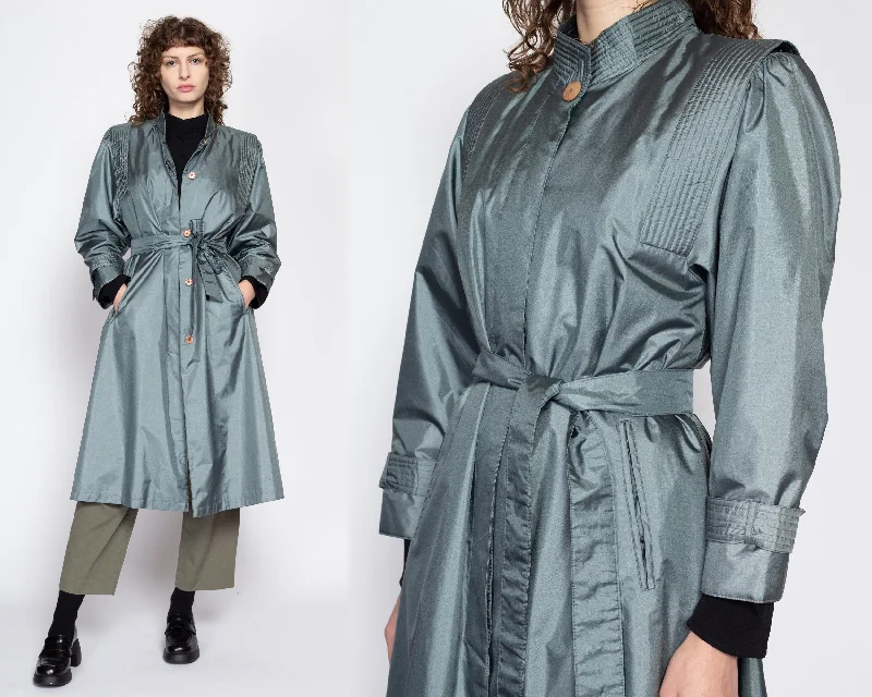Small 80s Shiny Belted Slate Blue Trench Coat Stylish Belted Trench Design