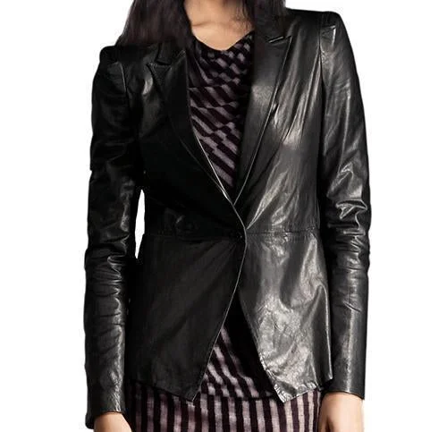 Super Fector Women Black Leather Blazers Women's Vacation Suit