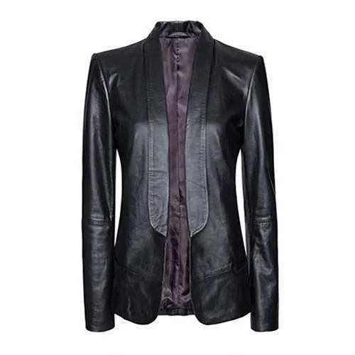 Super Longcollar Women Black Leather Blazers Women's Party Jacket