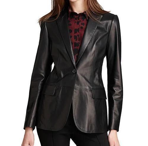 Super Slimish Women Black Leather Blazers Women's Banquet Suit