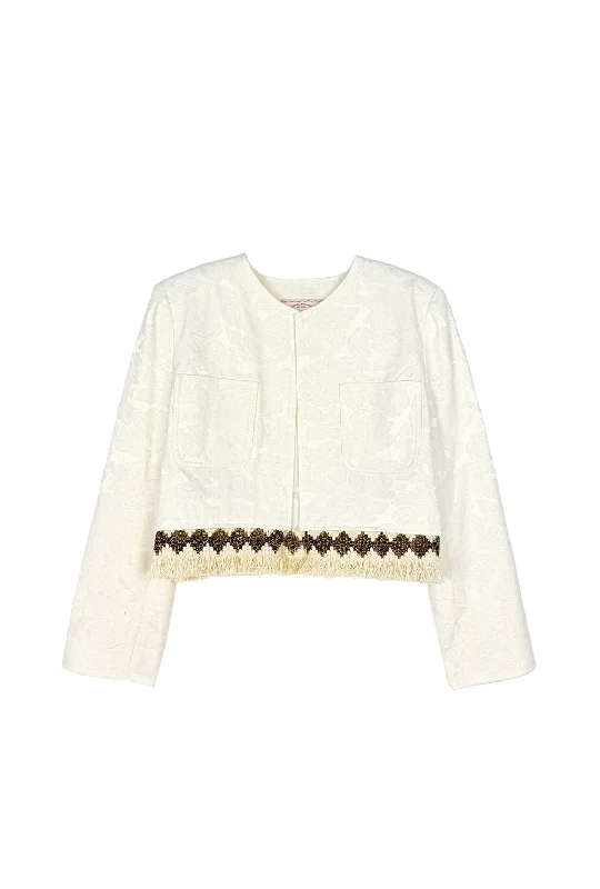 The Fringed Bolero Blazer - Ivory Damask Women's Trendy Jacket