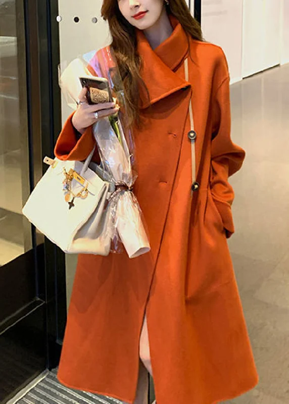 Women Orange Asymmetrical Tie Waist Woolen Trench Fall Cozy Wool Trench Jacket