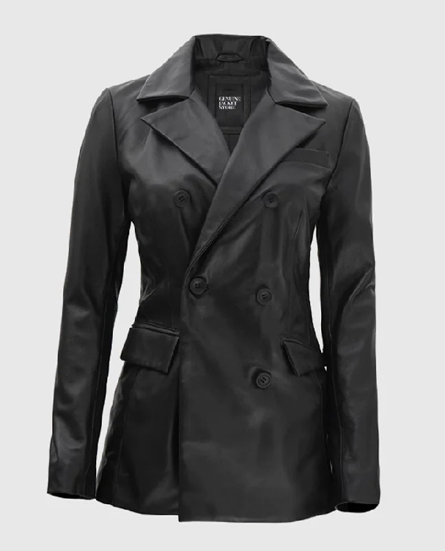 Women's Double Breasted Black Leather Blazer Women's Classic Blazer